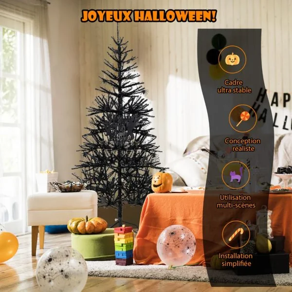 Sapin de Noël Noir 180CM Sapin Artificiel d'Halloween avec 791 Branches 250 Lumières Arbre de Décoration pour Maison Bureau