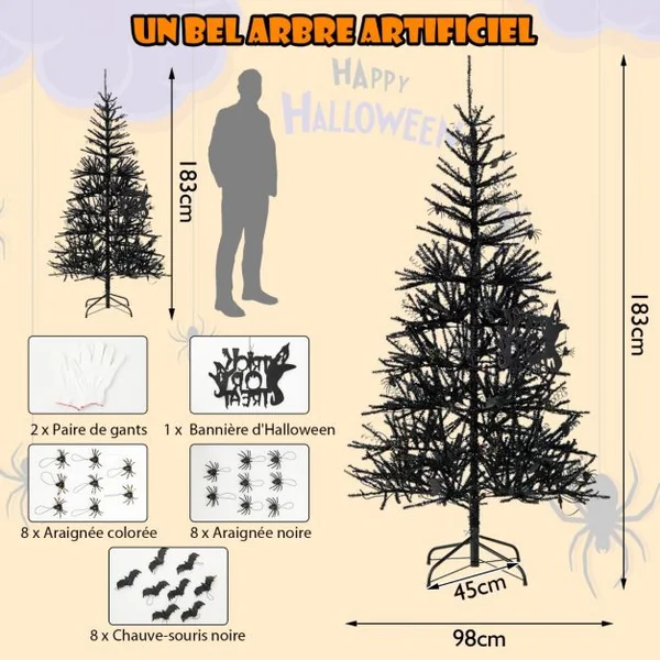 Sapin de Noël Noir 180CM Sapin Artificiel d'Halloween avec 791 Branches 250 Lumières Arbre de Décoration pour Maison Bureau