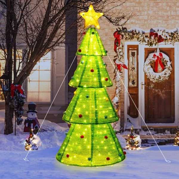 Sapin de Noël Pliable de 190 cm avec 200 Lumières LED Intégrées Arbre de Noël Pré-éclairé Etoile Supérieure Boules de Fourrurel