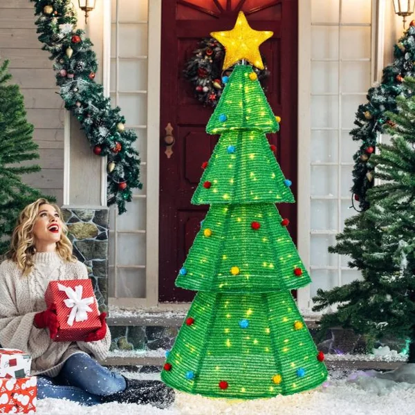 Sapin de Noël Pliable de 190 cm avec 200 Lumières LED Intégrées Arbre de Noël Pré-éclairé Etoile Supérieure Boules de Fourrurel