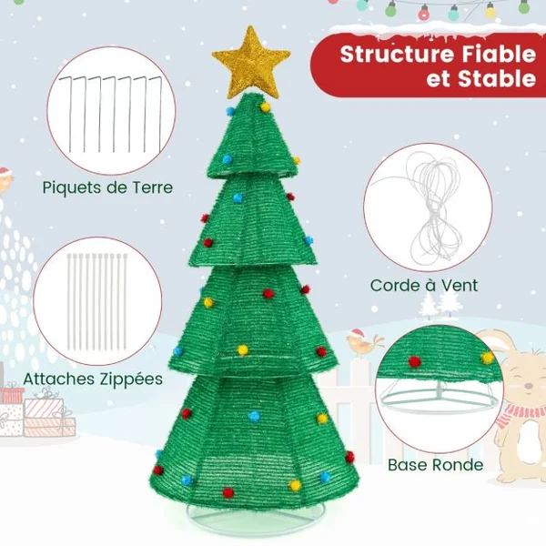 Sapin de Noël Pliable de 190 cm avec 200 Lumières LED Intégrées Arbre de Noël Pré-éclairé Etoile Supérieure Boules de Fourrurel