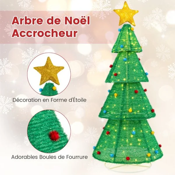 Sapin de Noël Pliable de 190 cm avec 200 Lumières LED Intégrées Arbre de Noël Pré-éclairé Etoile Supérieure Boules de Fourrurel