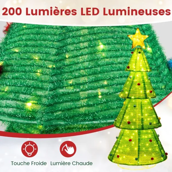 Sapin de Noël Pliable de 190 cm avec 200 Lumières LED Intégrées Arbre de Noël Pré-éclairé Etoile Supérieure Boules de Fourrurel