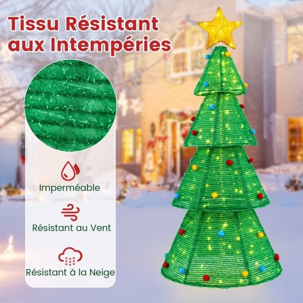 Sapin de Noël Pliable de 190 cm avec 200 Lumières LED Intégrées Arbre de Noël Pré-éclairé Etoile Supérieure Boules de Fourrurel