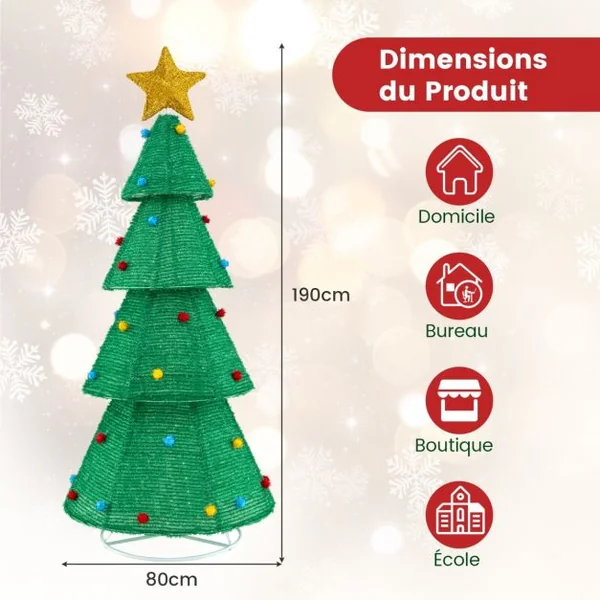 Sapin de Noël Pliable de 190 cm avec 200 Lumières LED Intégrées Arbre de Noël Pré-éclairé Etoile Supérieure Boules de Fourrurel