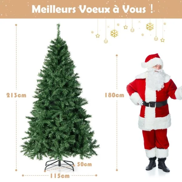 Sapin de Noël Pré-Illuminé de 215 Cm Éclairé avec Lumières Led Multicolores 350 Support en Métal Pliable