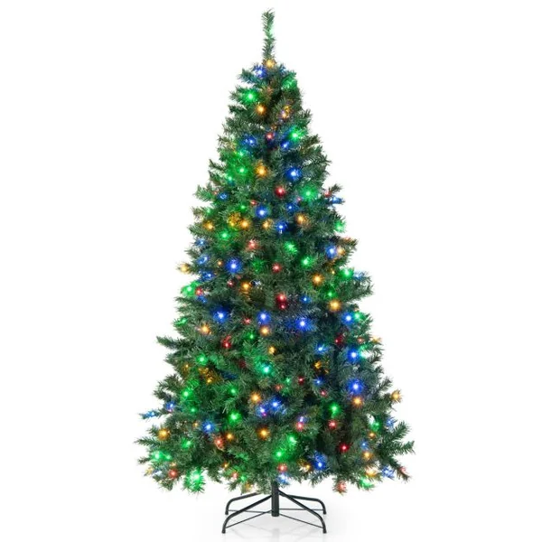 Sapin de Noël Pré-Illuminé de 215 Cm Éclairé avec Lumières Led Multicolores 350 Support en Métal Pliable