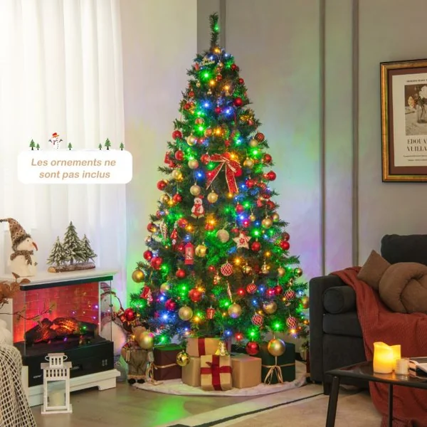 Sapin de Noël Pré-Illuminé de 215 Cm Éclairé avec Lumières Led Multicolores 350 Support en Métal Pliable