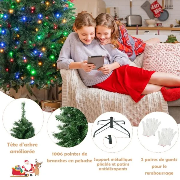 Sapin de Noël Pré-Illuminé de 215 Cm Éclairé avec Lumières Led Multicolores 350 Support en Métal Pliable