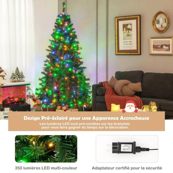 Sapin de Noël Pré-Illuminé de 215 Cm Éclairé avec Lumières Led Multicolores 350 Support en Métal Pliable