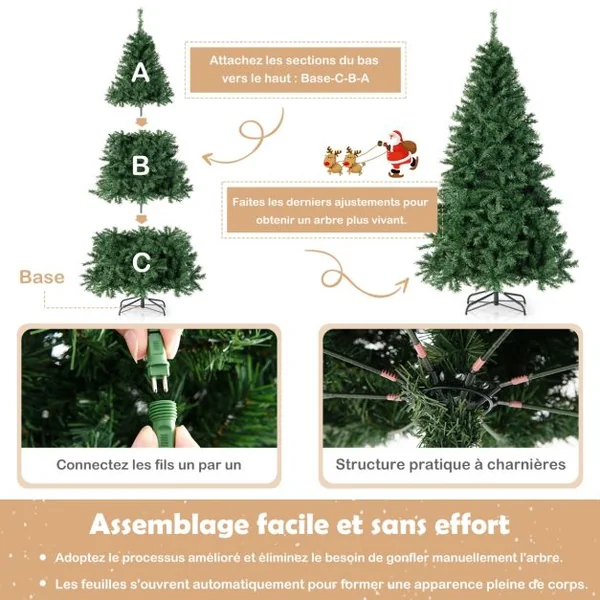 Sapin de Noël Pré-Illuminé de 215 Cm Éclairé avec Lumières Led Multicolores 350 Support en Métal Pliable
