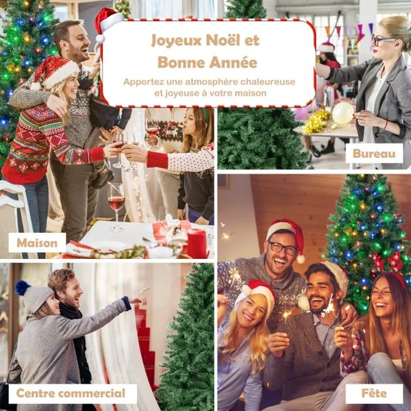 Sapin de Noël Pré-Illuminé de 215 Cm Éclairé avec Lumières Led Multicolores 350 Support en Métal Pliable