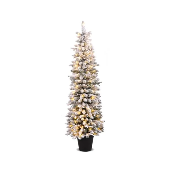 Sapin de Noël Pré-éclairé de 150cm en Pot Sapin de Noël Floqué de Neige 249 Branches 120 Lumières LED Blanc Chaud 8 Modes d'Eclairage