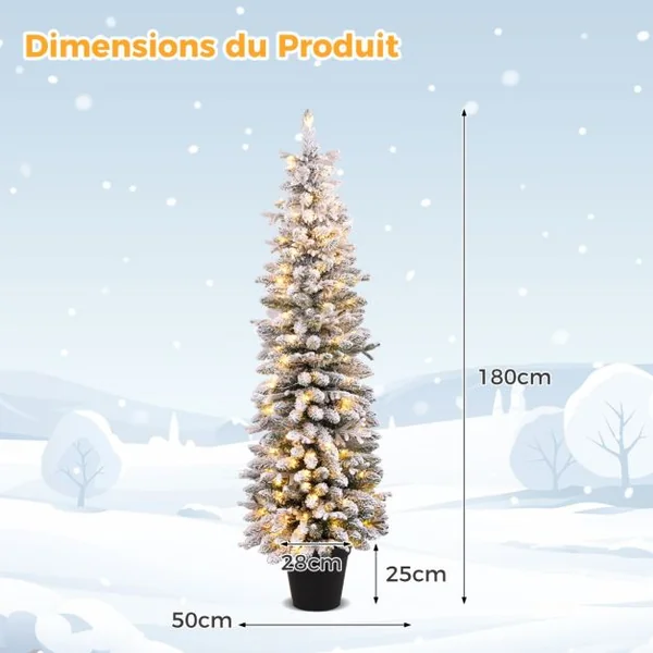 Sapin de Noël Pré-éclairé de 150cm en Pot Sapin de Noël Floqué de Neige 249 Branches 120 Lumières LED Blanc Chaud 8 Modes d'Eclairage