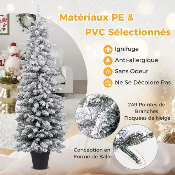 Sapin de Noël Pré-éclairé de 150cm en Pot Sapin de Noël Floqué de Neige 249 Branches 120 Lumières LED Blanc Chaud 8 Modes d'Eclairage