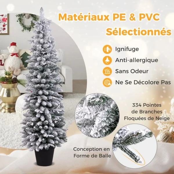 Sapin de Noël Pré-éclairé de 150cm en Pot Sapin de Noël Floqué de Neige 249 Branches 120 Lumières LED Blanc Chaud 8 Modes d'Eclairage