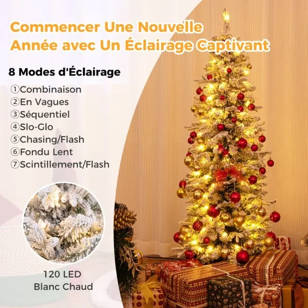 Sapin de Noël Pré-éclairé de 150cm en Pot Sapin de Noël Floqué de Neige 249 Branches 120 Lumières LED Blanc Chaud 8 Modes d'Eclairage