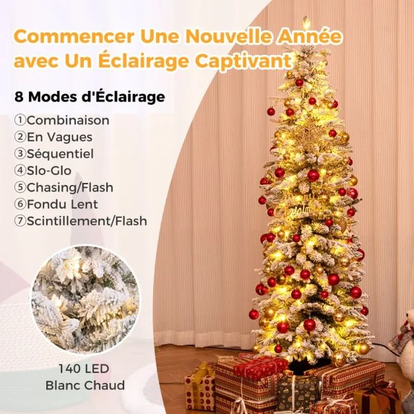 Sapin de Noël Pré-éclairé de 150cm en Pot Sapin de Noël Floqué de Neige 249 Branches 120 Lumières LED Blanc Chaud 8 Modes d'Eclairage
