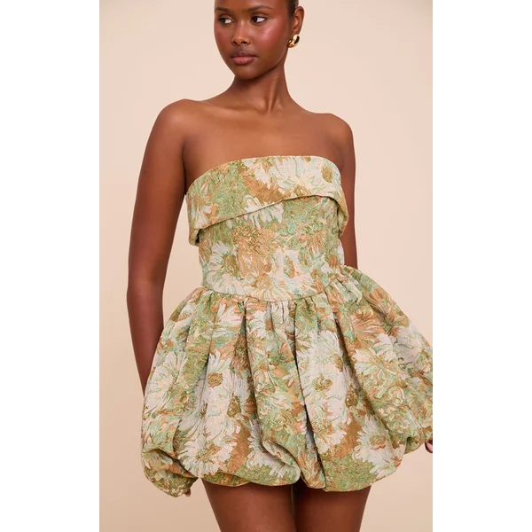 Sauge Robe Bandeau À Tapisserie Florale Avec Jupe Bouffante Extrême