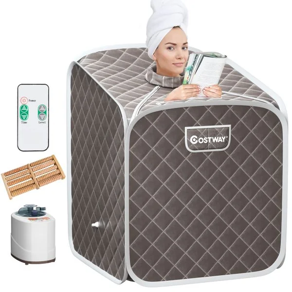 Sauna à Vapeur Portable 2L avec Chaise 9 Niveaux de Température Réglables Tente de Spa pour 1 personne avec Rouleau de Massage Gris