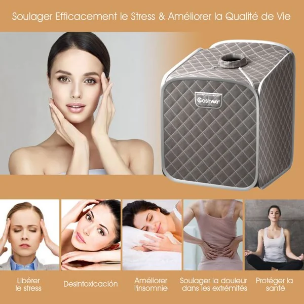 Sauna à Vapeur Portable 2L avec Chaise 9 Niveaux de Température Réglables Tente de Spa pour 1 personne avec Rouleau de Massage Gris