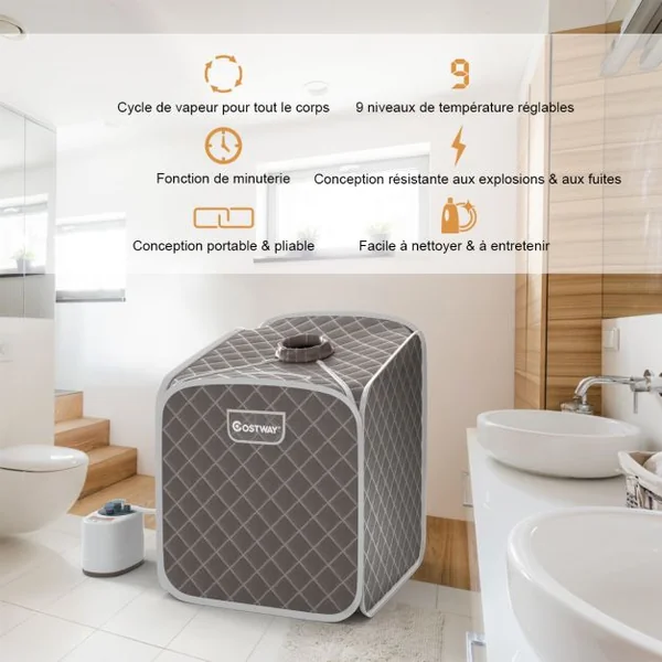 Sauna à Vapeur Portable 2L avec Chaise 9 Niveaux de Température Réglables Tente de Spa pour 1 personne avec Rouleau de Massage Gris