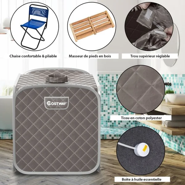 Sauna à Vapeur Portable 2L avec Chaise 9 Niveaux de Température Réglables Tente de Spa pour 1 personne avec Rouleau de Massage Gris