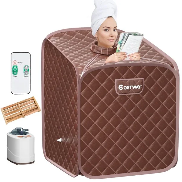 Sauna à Vapeur Portable 2L avec Chaise 9 Niveaux de Température Réglables Tente de Spa pour 1 personne avec Rouleau de Massage Marron