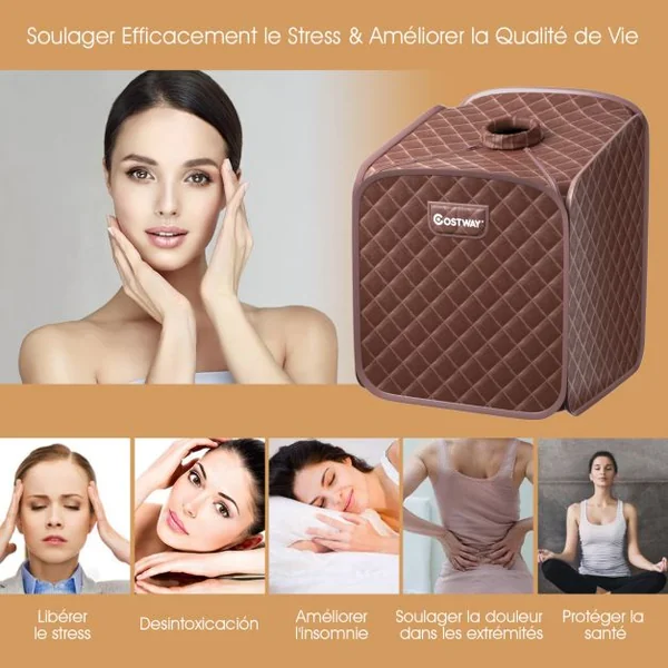 Sauna à Vapeur Portable 2L avec Chaise 9 Niveaux de Température Réglables Tente de Spa pour 1 personne avec Rouleau de Massage Marron
