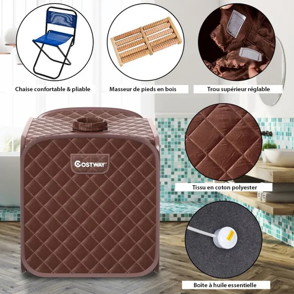 Sauna à Vapeur Portable 2L avec Chaise 9 Niveaux de Température Réglables Tente de Spa pour 1 personne avec Rouleau de Massage Marron