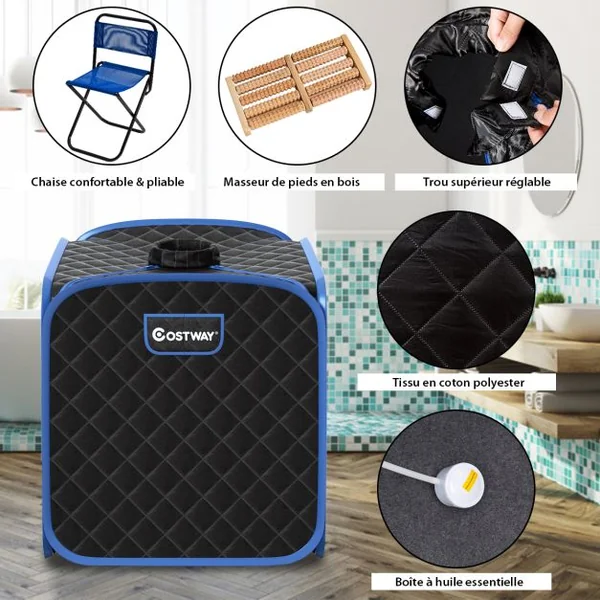 Sauna à Vapeur Portable 2L avec Chaise 9 Niveaux de Température Réglables Tente de Spa pour 1 personne avec Rouleau de Massage Noir