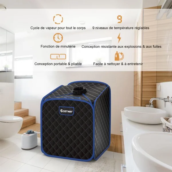 Sauna à Vapeur Portable 2L avec Chaise 9 Niveaux de Température Réglables Tente de Spa pour 1 personne avec Rouleau de Massage Noir