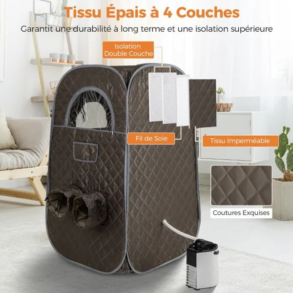 Sauna à Vapeur Portable 3L 1 000W avec Chaise Pliable Tente de Sauna pour 1-2 Personnes avec 9 Niveaux Température Masseur de Pieds Café/Noir/Gris