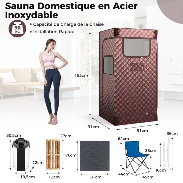 Sauna à Vapeur Portable 3L avec Chaise Pliable pour 1 Personne avec 9 Niveaux Température Masseur de Pieds Minuterie Noir/Gris/Café