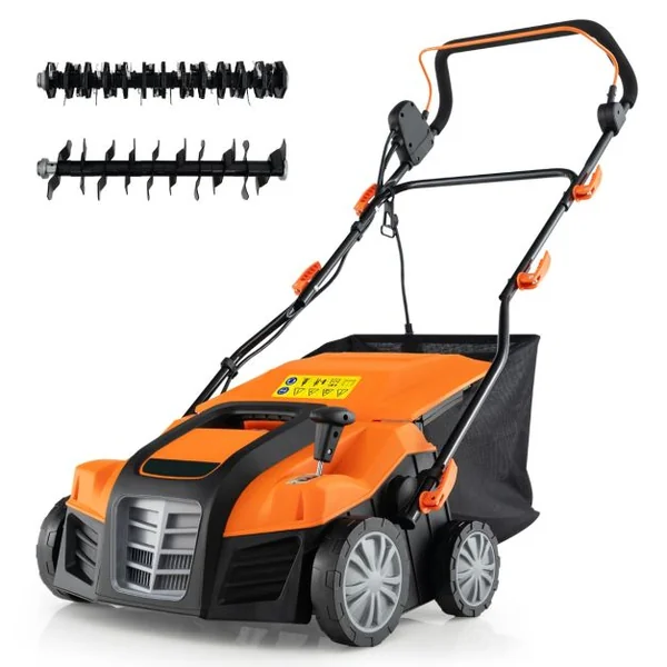Scarificateur Électrique de 2000W avec Vitesse de 3500 tr/min Sac de Ramassage 55L Scarificateur 5 Profondeurs Réglables Orange/Vert