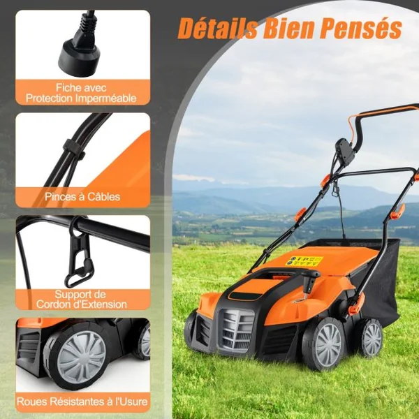 Scarificateur Électrique de 2000W avec Vitesse de 3500 tr/min Sac de Ramassage 55L Scarificateur 5 Profondeurs Réglables Orange/Vert