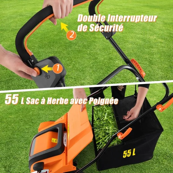 Scarificateur Électrique de 2000W avec Vitesse de 3500 tr/min Sac de Ramassage 55L Scarificateur 5 Profondeurs Réglables Orange/Vert