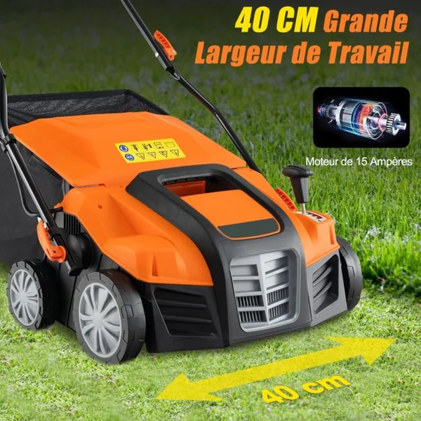 Scarificateur Électrique de 2000W avec Vitesse de 3500 tr/min Sac de Ramassage 55L Scarificateur 5 Profondeurs Réglables Orange/Vert