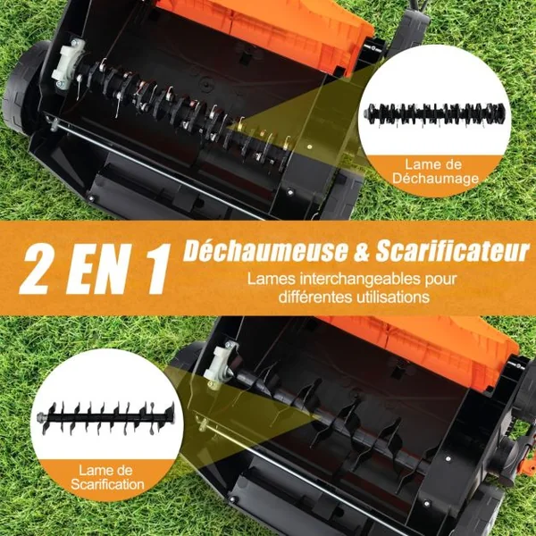 Scarificateur Électrique de 2000W avec Vitesse de 3500 tr/min Sac de Ramassage 55L Scarificateur 5 Profondeurs Réglables Orange/Vert