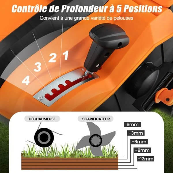Scarificateur Électrique de 2000W avec Vitesse de 3500 tr/min Sac de Ramassage 55L Scarificateur 5 Profondeurs Réglables Orange/Vert