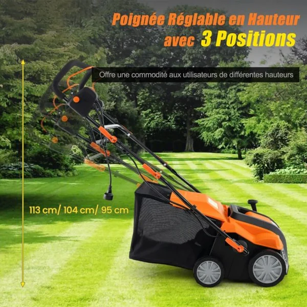 Scarificateur Électrique de 2000W avec Vitesse de 3500 tr/min Sac de Ramassage 55L Scarificateur 5 Profondeurs Réglables Orange/Vert