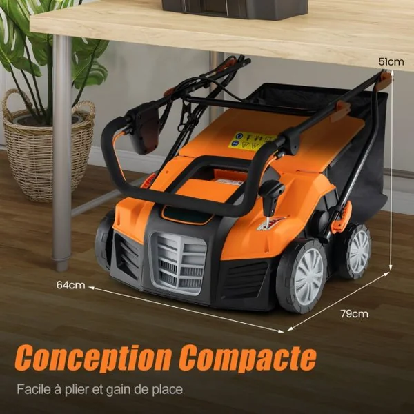 Scarificateur Électrique de 2000W avec Vitesse de 3500 tr/min Sac de Ramassage 55L Scarificateur 5 Profondeurs Réglables Orange/Vert