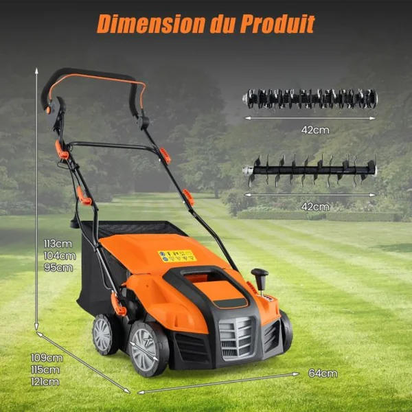 Scarificateur Électrique de 2000W avec Vitesse de 3500 tr/min Sac de Ramassage 55L Scarificateur 5 Profondeurs Réglables Orange/Vert