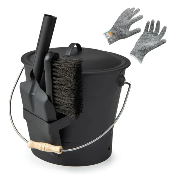 Seau à Cendres 10,5 L avec Couvercle Kit de Nettoyage de Cendres de Cheminée avec Pelle Brosse Gants Résistants aux Coupures en Métal Noir