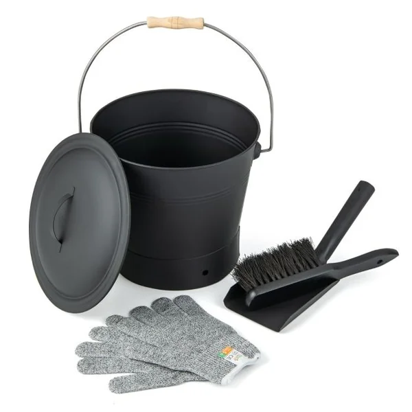 Seau à Cendres 10,5 L avec Couvercle Kit de Nettoyage de Cendres de Cheminée avec Pelle Brosse Gants Résistants aux Coupures en Métal Noir