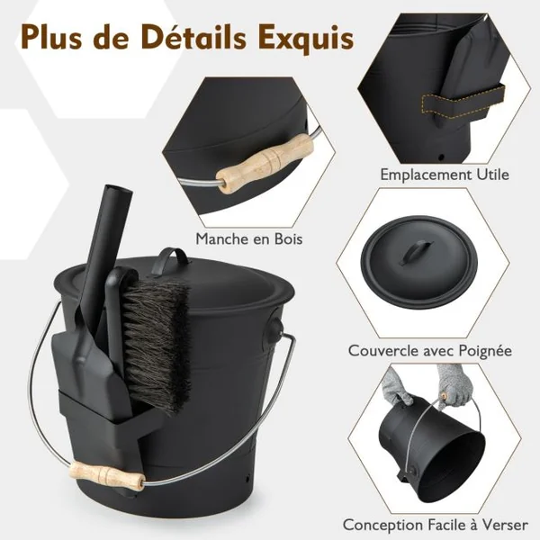 Seau à Cendres 10,5 L avec Couvercle Kit de Nettoyage de Cendres de Cheminée avec Pelle Brosse Gants Résistants aux Coupures en Métal Noir
