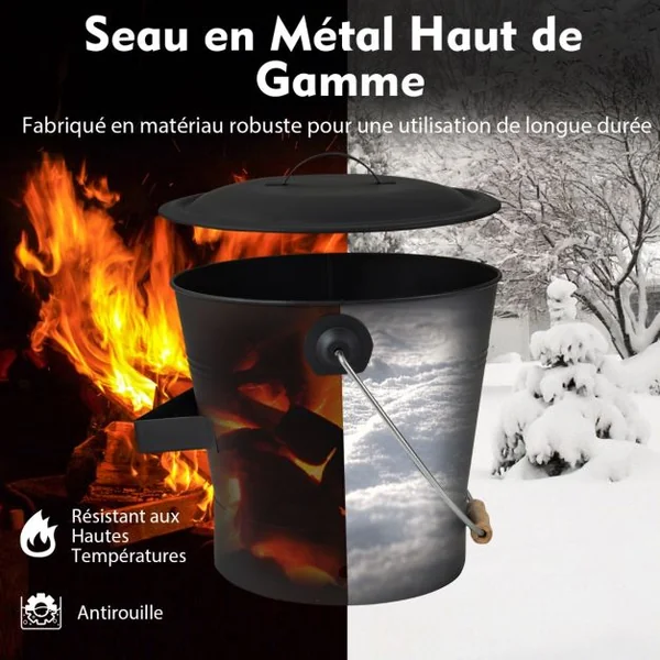 Seau à Cendres 10,5 L avec Couvercle Kit de Nettoyage de Cendres de Cheminée avec Pelle Brosse Gants Résistants aux Coupures en Métal Noir