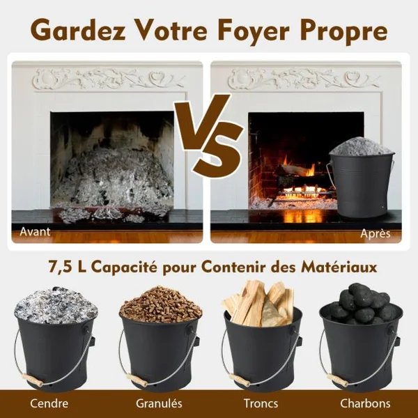 Seau à Cendres 10,5 L avec Couvercle Kit de Nettoyage de Cendres de Cheminée avec Pelle Brosse Gants Résistants aux Coupures en Métal Noir