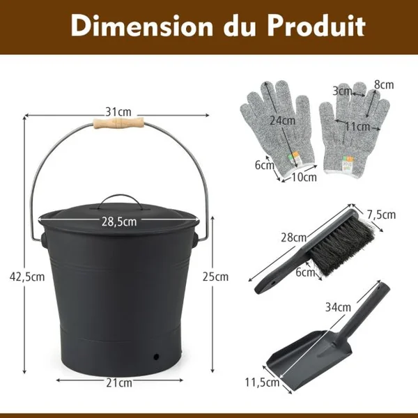 Seau à Cendres 10,5 L avec Couvercle Kit de Nettoyage de Cendres de Cheminée avec Pelle Brosse Gants Résistants aux Coupures en Métal Noir