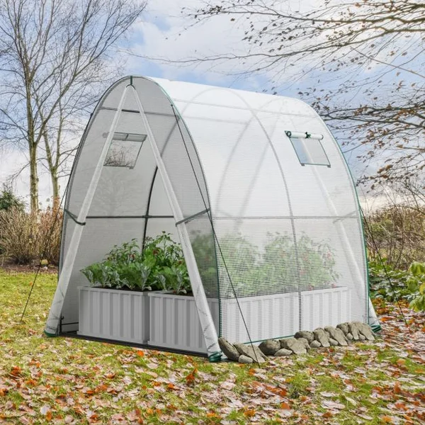 Serre avec Housse en PE Résistante aux Intempéries Serre Tunnel avec Fenêtre Moustiquaires Enroulable 2 Portes Zippées Pochette Latérale Blanc/Vert